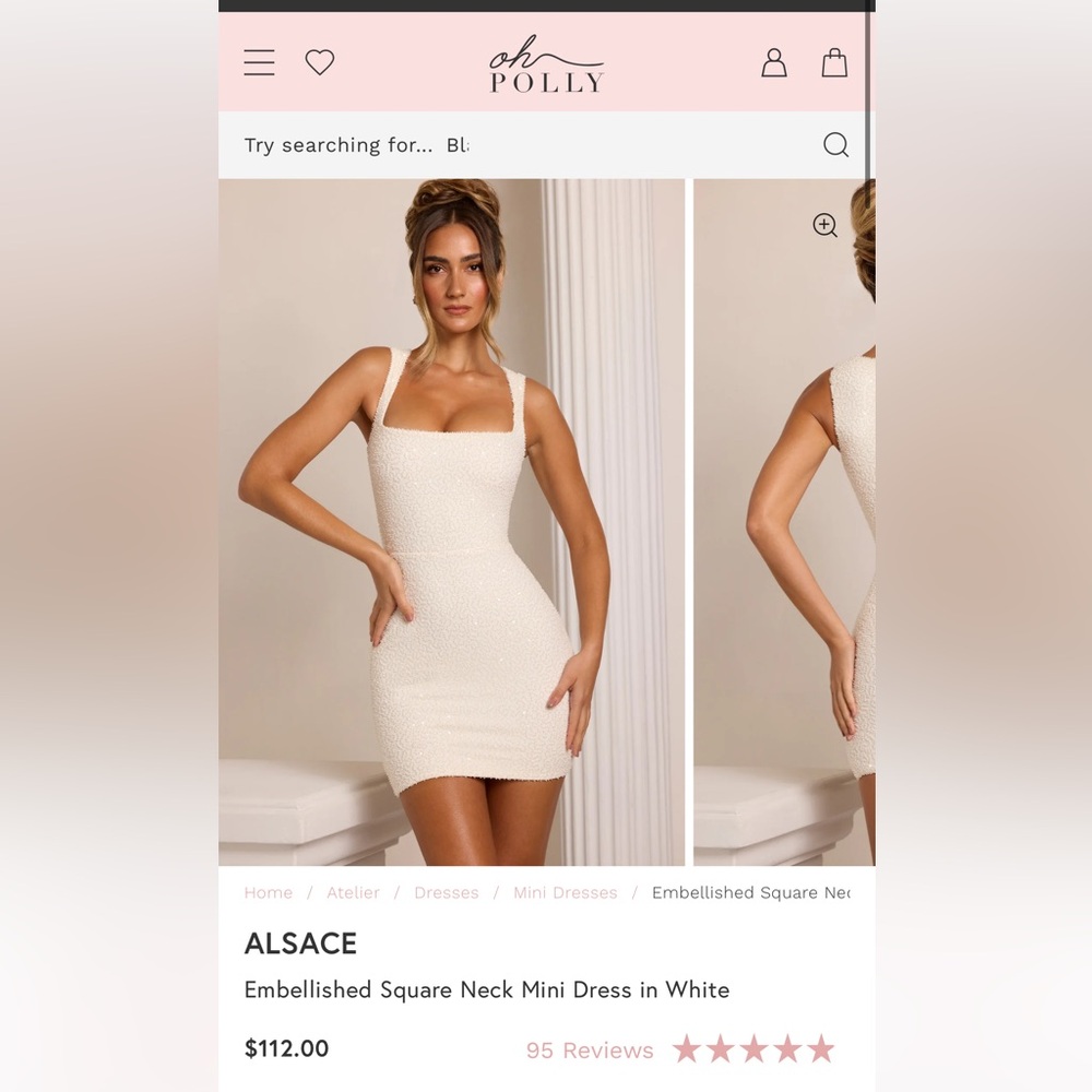 Oh Polly: ALSACE Embellished Square Neck Mini Dress in White